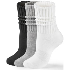 HONGTEYA Crew Socks for Women Cozy Cotton Slouchy Athletic Socks Slouch Boot Calf Workout Socks Size 5-11, White*1/Black*1/Grey*1, One Size Tall