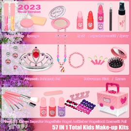 Amerrly Children's Make-Up Set Girls Vanity Case Girls - 57 Pieces Washable and Safe Children's Make-Up Set Girls, Princess Girls Toy 4-12, Party Birthday Christmas Gifts for Girls