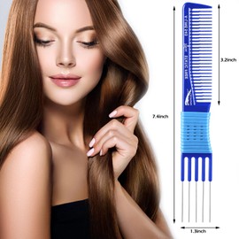 Patelai 4 Pcs Carbon Lift Teasing Comb with Metal Prong Lift Teasing Comb and Hair Pick Salon Fluffing with 5 Stainless Steel Pins for Women Hair(Blue)