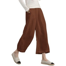 ECUPPER Womens Cotton Cropped Pants Loose Fit Wide Leg Capri Casual Plus Size Elastic Waist Trousers Brown 16