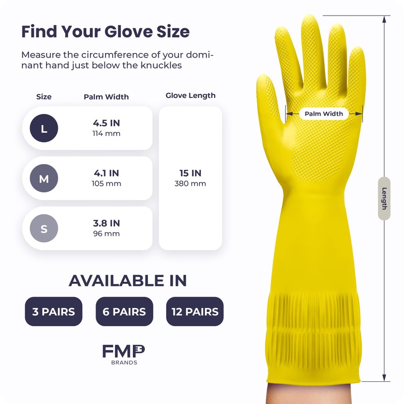 FMP Brands Yellow Medium Rubber Dish Gloves, 3 Pairs, 15