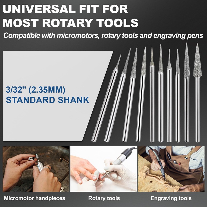 3/32" Marathon-IV Micromotor Tapered Diamond Burr Bits, Cone Point Diamond