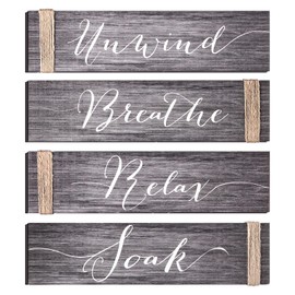 4 Pieces Farmhouse Bathroom Decor Wall Art Bathroom Sign Rustic Bathroom Decor Relax Soak Unwind Breathe Wood Sign for Home Spa Bathroom Decor, 11.8 x 3 Inch (Grey)