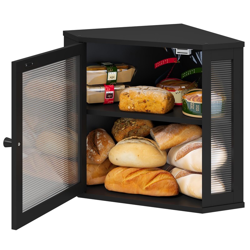 viewcare Corner Bread Box for Kitchen Counter, Bamboo Wood Black