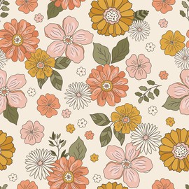 MuralPeel Boho Orange/Cream Daisy Flowers Floral Peel and Stick Wallpaper Easy Peel Off Vintage Self Adhesive Removable Stick on Wall Paper for Kitchen Cabinet Renter Friendly