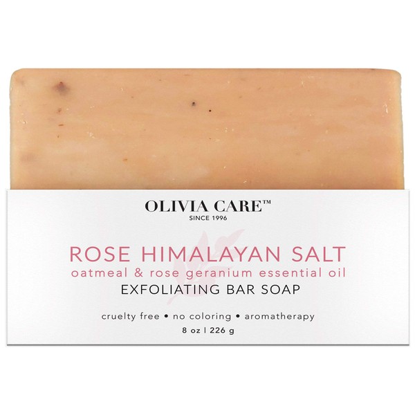 Olivia Care Jabón exfoliante de sal del Himalaya de alta calidad, hecho con ingredientes 100% orgánicos, infundido con aceite de geranio esencial de avena y rosa, adecuado para todo tipo de piel, 8 onzas