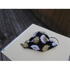 Handmade 100% Cotton Mask -  Daisies onBlk  - 2 layers of fabric/Adult Mask/Black elastic