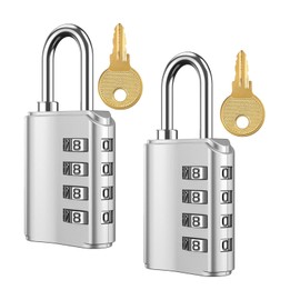 2 Pack Resettable Combination Padlock 4 Digit with Keys Heavy Duty Security Lock for Gym, School, Sports, Employee Lockers, Fence, Gate, Toolbox, Suitcase and More, Zinc Alloy Body (Silver)