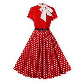 Women 1950s Vintage Floral Cocktail Swing Dress 50s 60s Short Sleeve Audrey Hepburn Rockabilly Prom Dress Spring Garden Flare A line Homecoming Tea Party Dress Red Polka Dot 2XL