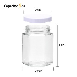 Woaiwo-q 6 oz 6 Pack Hexagon Glass Honey Jars, Glass Jars with White Lids,Silver Bee Pendants,Wooden Honey Sticks,Small Tags,1.5m Jute Twine -Clear Hexagon Jars for Honey,Jams, Liquid