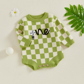 Bonangber Baby Boy First Birthday Outfit Long Sleeve Golf Letter Knit Sweater Romper Onesie Cute One Year Old Birthday Outfit (Green, 6-12 Months)