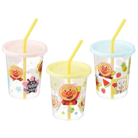Lec Anpanman Straw Cup (B Type), 3 Pieces, Capacity 9.5 fl oz (270 ml), Set of 3 Patterns in 3 Colors, Made in Japan, Lid Included, Straw Included, Commercially Available