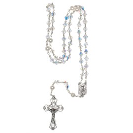 Austrian Crystal OR Glass Catholic Prayer Rosary - Includes Rosary Pouch, How to Pray the Rosary" and birth month meaning where applicable (Clear - April - SILVER)