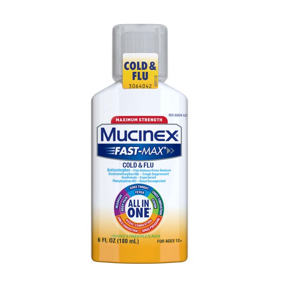Mucinex Fast-Max Maximum Strength All-in-One Cold & Flu, Orange & Pineapple 6 oz