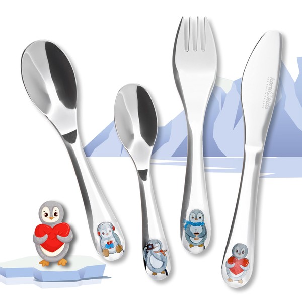 Koru Kids® Children's Cutlery Penguin, 4-piece set, made of stainless steel, learning to eat cutlery, dishwasher safe, children's cutlery. For children aged 3 and over.