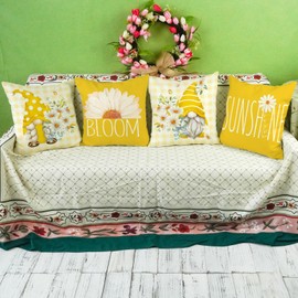 ONWAY Spring Summer Pillow Covers 18x18 Set of 4 Buffalo Plaid Daisy Flower Farmhouse Decorative Throw Cushion Cases for Home Couch Sofa Decorations Yellow