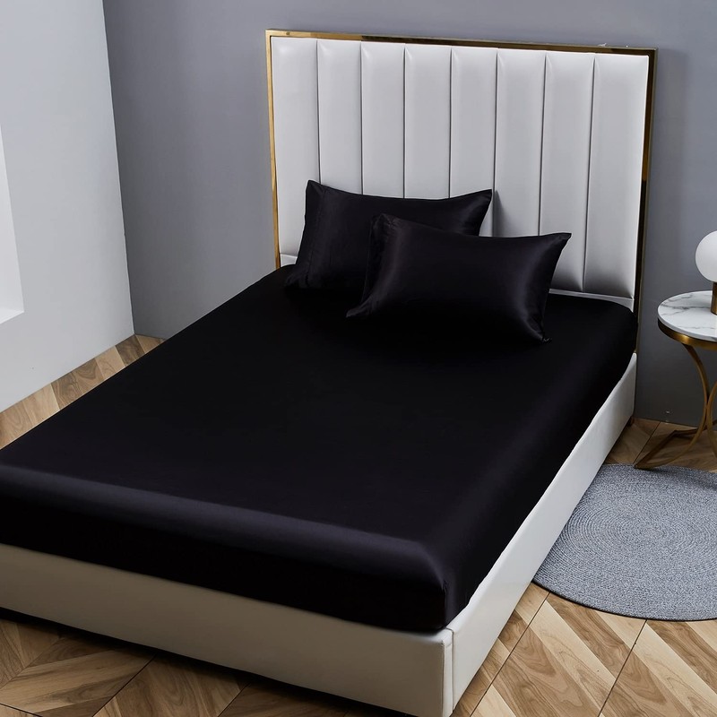 Boqingzhu Satin Fitted Sheet 180 x 200 cm Black Plain
