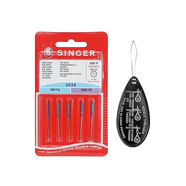Singer Jeans / Denim 2026 Sewing Machine Needles, Packet of 5, Size: Assorted Mixed Sizes 90/14 & 100/16, Includes Large Needle Threader