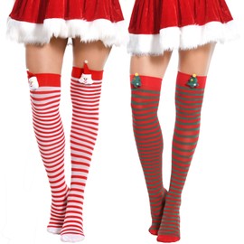 Yilanmy Christmas Thigh High Socks Striped Over Knee Thigh High Stockings Candy Cane High Stockings with Bow Red Green Stripes