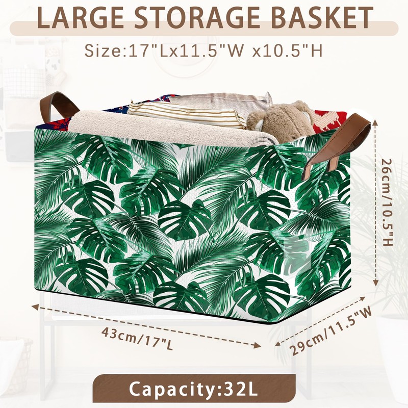 Palm Banana Leaf Rectangular Storage Basket,Collapsible Fabric Storage Container with