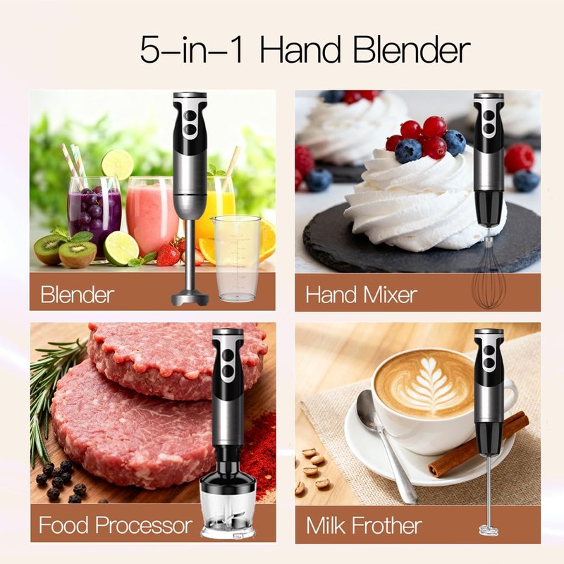 MegaWise Blender Handheld 12-Speed Stainless Steel Electric Hand Blender, 5