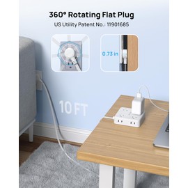 TROND 360° Rotating Flat Plug Power Strip, 10FT Flat Extension Cord with Multiple Outlets 4 USB (2 USB C), Wall Mount Surge Protector 1440 Joules for Home Office Travel Dorm Room Essentials, White