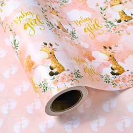 WRAPAHOLIC Reversible Baby Girl Wrapping Paper Roll - Mini Roll - 17 Inch x 33 Feet - Cute Giraffe and Baby Footprints Design for Kids Girls Baby Shower, Birthday