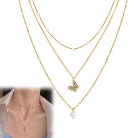 Women's Necklace, Layering Pearl Chain, Waterproof, Gold Chain, Ladies, Stackable Necklace, Women's Gold, Butterfly Pendant Jewellery, Pack of 3