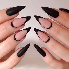 IMSOHOT Medium Press on Nails Almond Matte Black Fake Nails French Tips Acrylic False Nails with Rhinestone Designs Full Cover Glue on Nails for Women 24Pcs