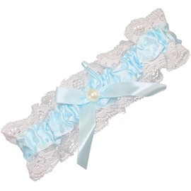 Wedding Garter Gift for Bride Blue Satin with White Lace and Pearl Bead Keepsake - 9054