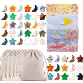Healing Crystals Set Include Crystals,Greeting Cards,and Drawstring Bags Moon Star Crystals Multi Polished Pocket Stone for Stress Healing,Meditation,Lucky Symbol Crystals and Party Pack Gift-24Pcs