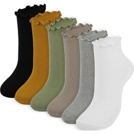BomKinta Women Ankle Ruffle Socks Cute Cotton Socks Youthful Frilly Sock Black Gold Gray White Yellow Green 6 Pairs Size 5-9