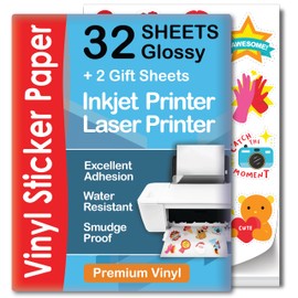 Premium Printable Vinyl Sticker Paper for Inkjet & Laser Printer - 32 Sheets Self-Adhesive Sheets Glossy White Waterproof, Dries Quickly Vivid Colors, Holds Ink well- Tear Resistant (Glossy)