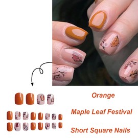 Press on Nails Short Square Fake Nails Fall Cute Maple Leaves Stick on Nails Matte Glue on Nails Orange Artificial Acrylic False Nails Acrylic Press on Nails Reusable Nails for Women Girls 24Pcs