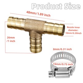 Hpamba 10 mm Brass Hose Connector Pneumatic Connector T Hose Connector T-Piece Straight Hose Fitting Brass Hose Connector for Fuel Air Water Gas Oil Fittings