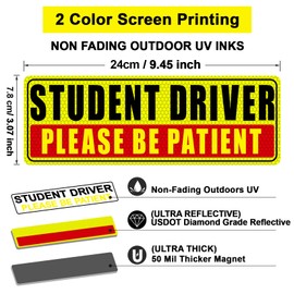 Sukh Sukh 4 Pcs Student Driver Magnet for Car - Be Patient Student Driver Magnet Boys and Girls New Student Driver Sticker Safety Warning Reflective Signs Reusable Movable