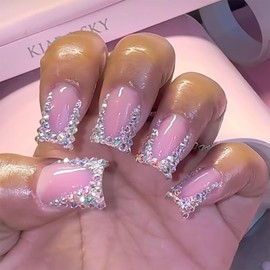 Luxury Rhinestones French Tip Press on Nails Medium Square Fake Nails Press ons Pink Full Cover Acrylic Glossy Glue on Nails Cute Stick on Nails for Women Girls 24 Pcs