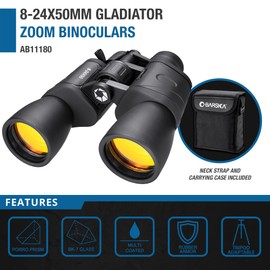 Barska Gladiator 8-24x50 Zoom Binoculars with Tripod Adaptor for Long Range Viewing, Birding, Events, etc