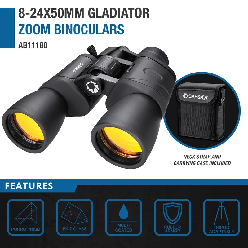 Barska Gladiator 8-24x50 Zoom Binoculars with Tripod Adaptor for Long