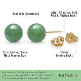 Belacqua Natural 8mm Green Round Jade Stud Earrings in 14k Yellow Gold, Push Back, Jewelry for Women, Gift Box Included