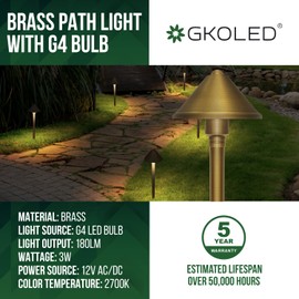 GKOLED Solid Brass Landscape Path Lights (5" Shade, 20" Tall), Low Voltage LED 3W 12-24V AC/DC Conehead Path Lighting, 2700K Outdoor Waterproof Walkway Light, with Stake and G4 Bulb, 2 Pack