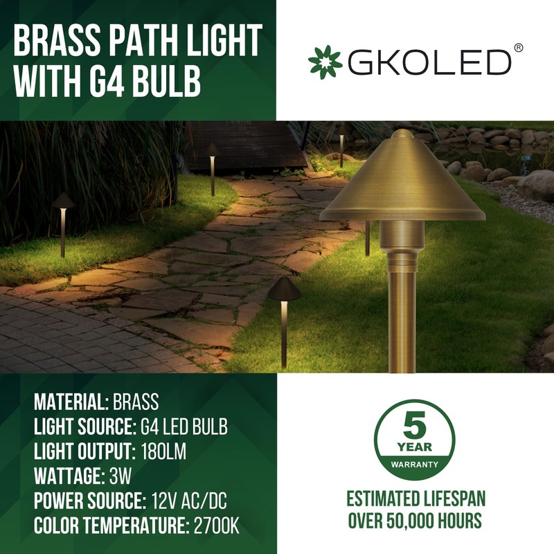 GKOLED Solid Brass Landscape Path Lights (5" Shade, 20" Tall),