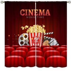Movie Theater Theme Blackout Curtains Movie Theater Scene Popcorn Drink Printed Curtains Decorative Bedroom Living Room Heat Insulation Blackout Curtains 42x45in