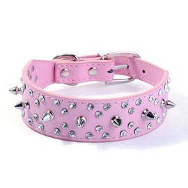 Rhinestones Dog Collar, Stylish Leather Dog Collar, with Bullet Rivets and Rhinestones, Soft and Adjustable for Medium and Large Dogs (S:12.5-15", Pink)