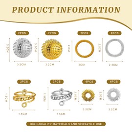 16-Piece Stress Relief Set: 12 Acupressure Rings, 4 Wrist Massagers, 4 Hedgehog Magnetic Balls, 2 Pressure Rings for Stress Relief and Massage