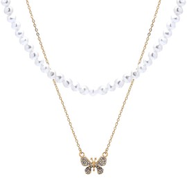 RIAH FASHION Butterfly Necklace Pendant Delicate Necklace - Chain Charm Dainty Jewelry Necklace for Women Bridesmaid Mom Girlfriend Gift (Pearl & Butterfly Layered Necklace - White Gold)