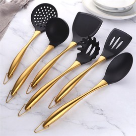 Silicone Cooking Utensils Set, 17pcs Kitchen Utensil Set with Rotatable Holder, Heat-Resistant Silicone Utensils for Cooking, Non-Stick Spatula Set with Stainless Steel Handle,Turner,Ladle (Gold)