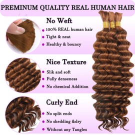 Human Braiding Hair for Boho Braids Human Hair Wet and Wavy Bundles 110g Deep Wave Bulk Boho Hair for Braiding Curly Knotless Hair Extensions 12A Bohemian Auburn Ginger 3 Bundles/Pack 18 Inch Color 30