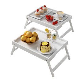 Youpehom Bed Tray Table with Folding Legs,Bamboo Breakfast in Bed for Kitchen Serving Tray,Sofa,Eating,Used As Laptop Desk Snack Tray 2 Pack (White)