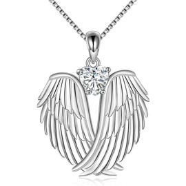 YAFEINI Angel Wings Birthstone Necklace 925 Sterling Silver Guardian Angel Pendant Necklace Wings Birthstone Jewellery for Women Christmas Gifts (April-White)